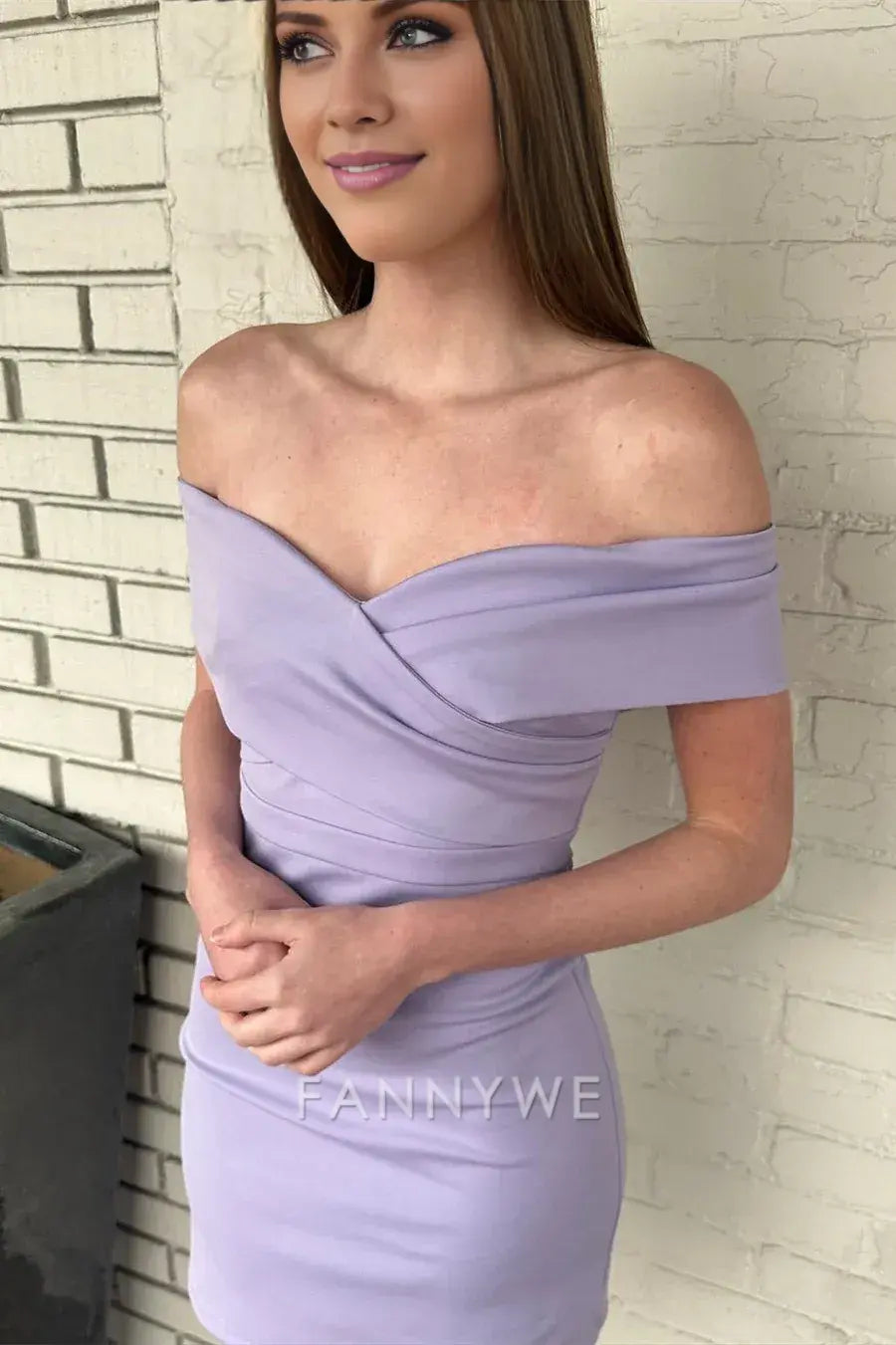 FannyWe Elegant Dusky Lavender Off-the-Shoulder Tight Short Party Dress formal wear dresses